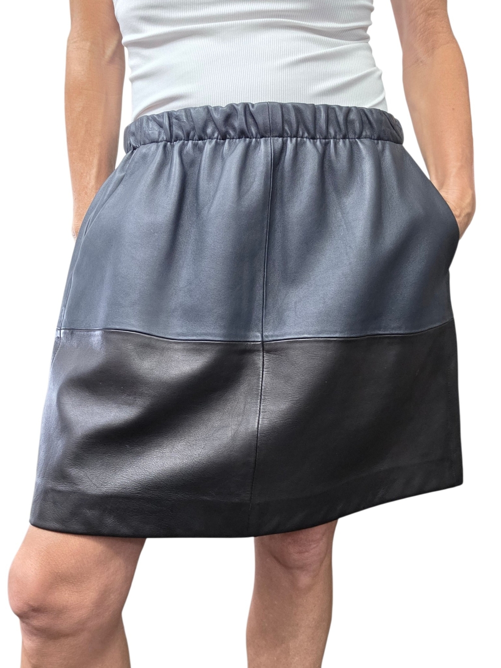 Vince Lamb Leather Colorblock Mini Skirt Black Navy Pockets S